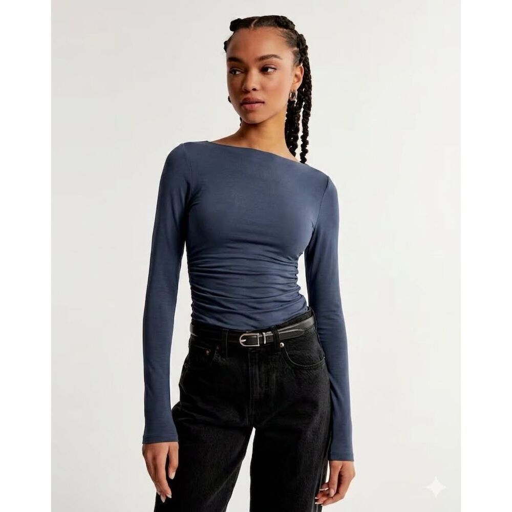 Abercrombie & Fitch Long-Sleeve Boatneck Ruched Bodysuit In Slate Navy Blue Size